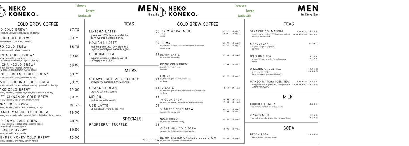 Neko Koneko Cafe Menu