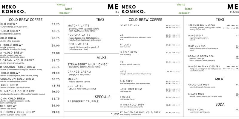 Neko Koneko Cafe Menu