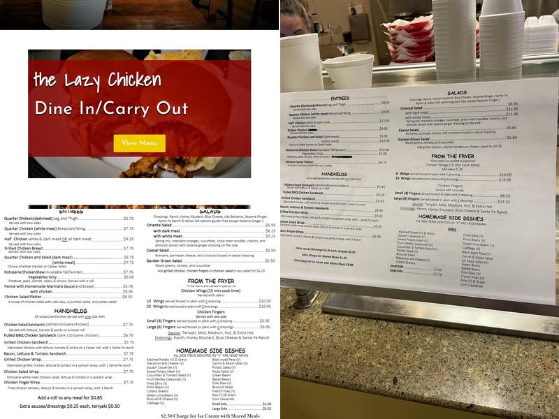 The lazy chicken Menu