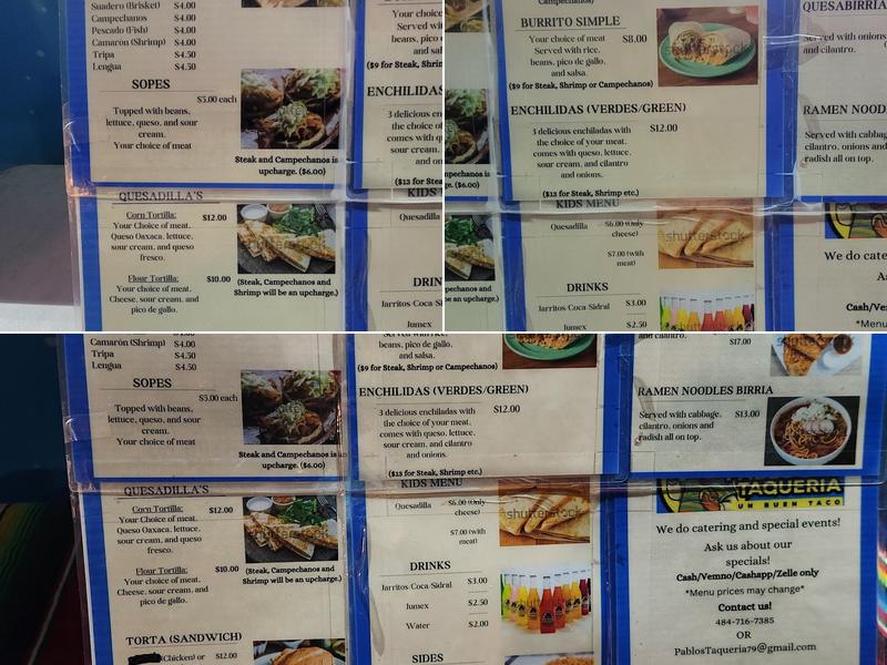 Pablo's Taqueria Menu