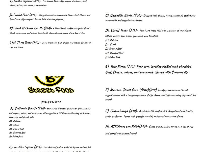 PB's Street Food Menu