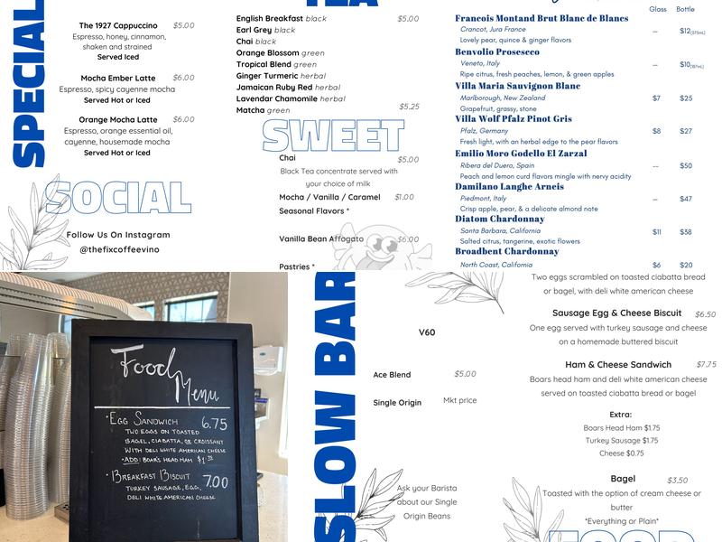 The Fix Coffee Menu