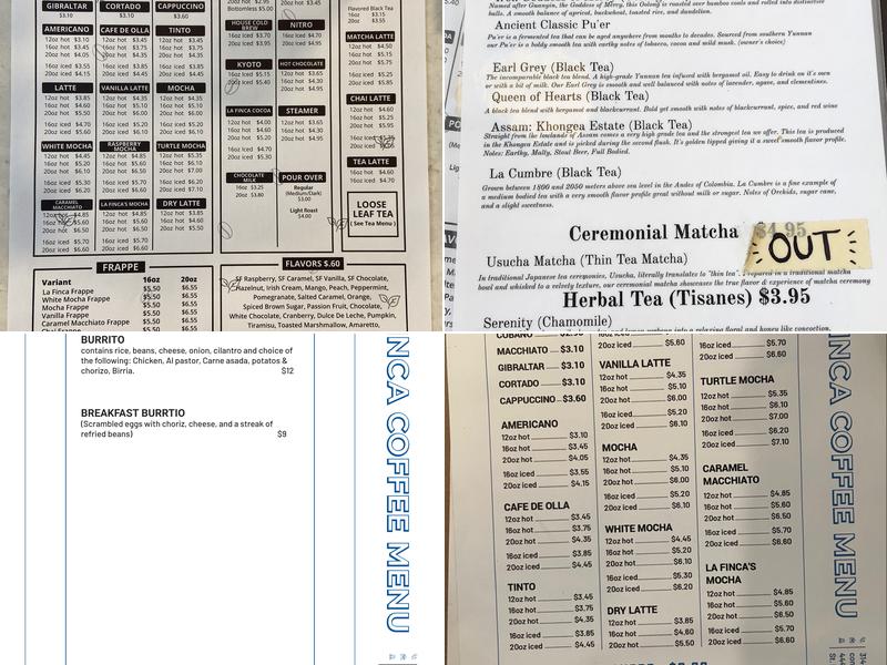 La Finca Coffee Menu