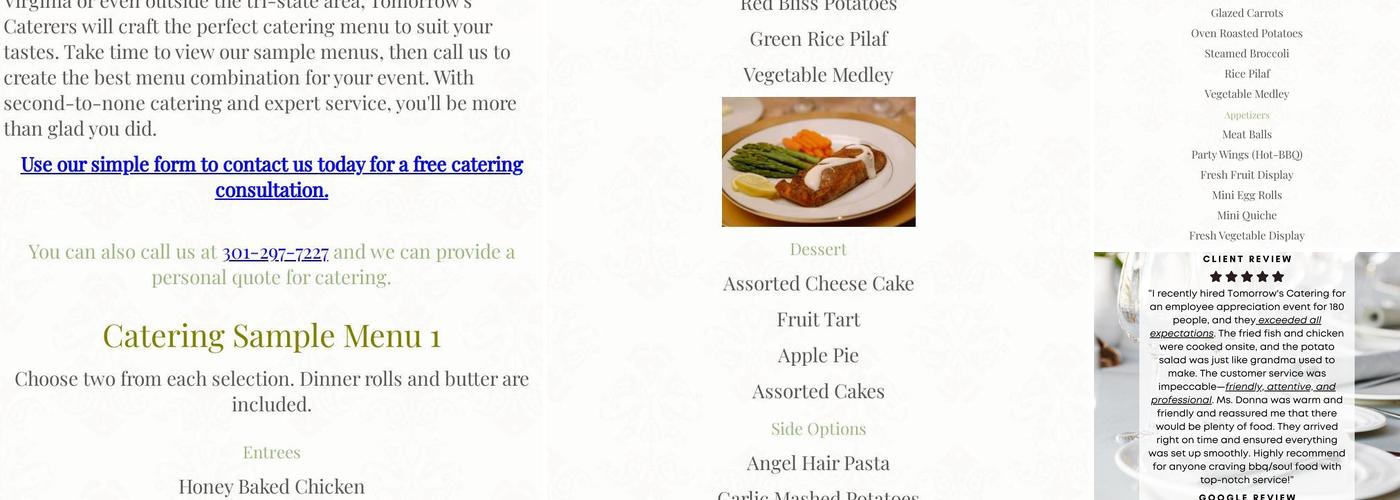 Tomorrow's Catering Inc Menu