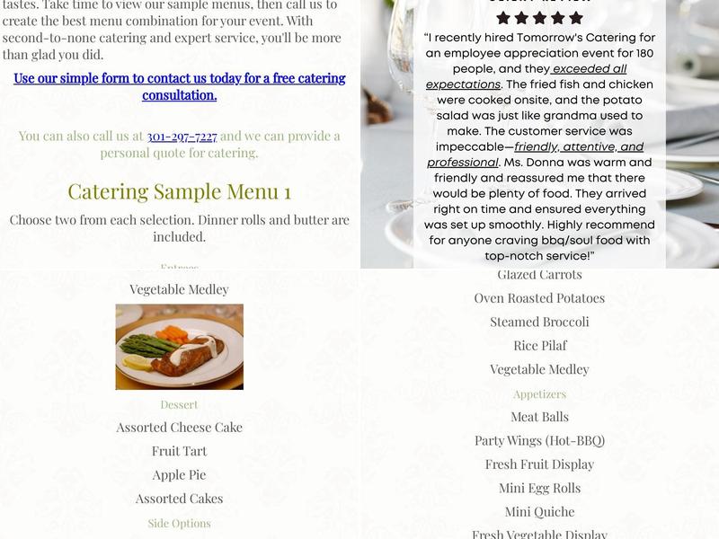 Tomorrow's Catering Inc Menu