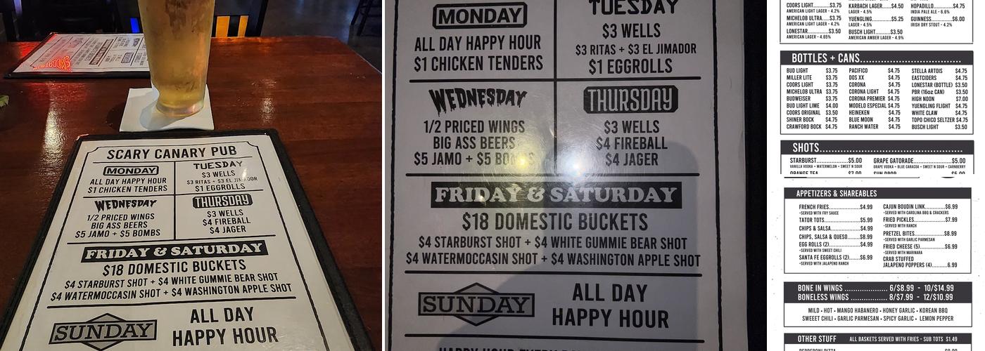 Scary Canary Pub - Tomball Menu