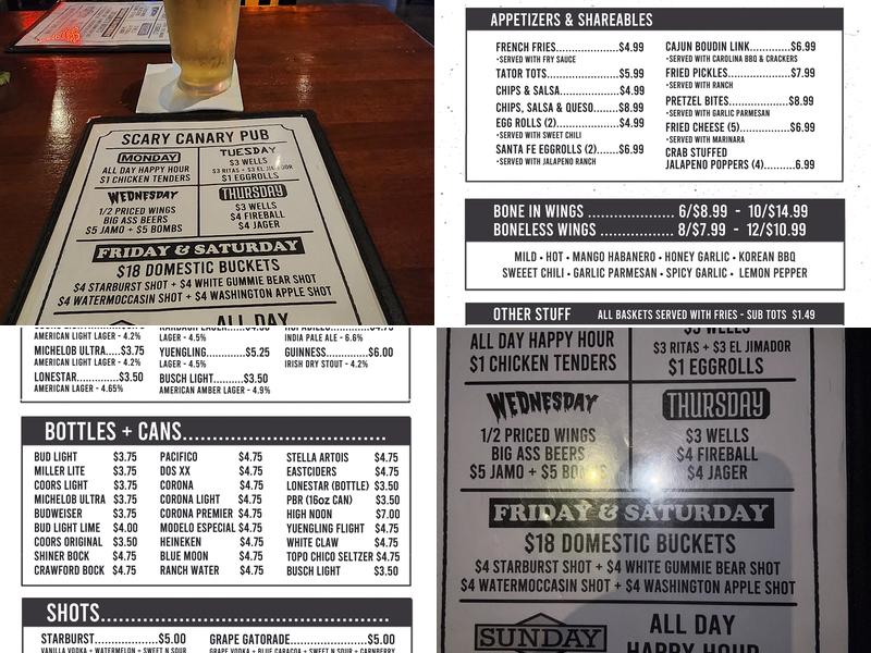 Scary Canary Pub - Tomball Menu