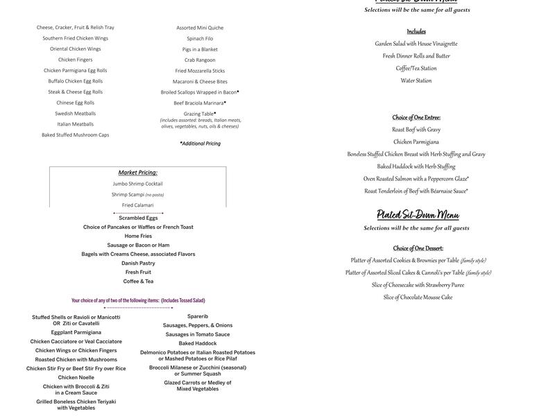 Anthony's Spadafora Caterers Menu