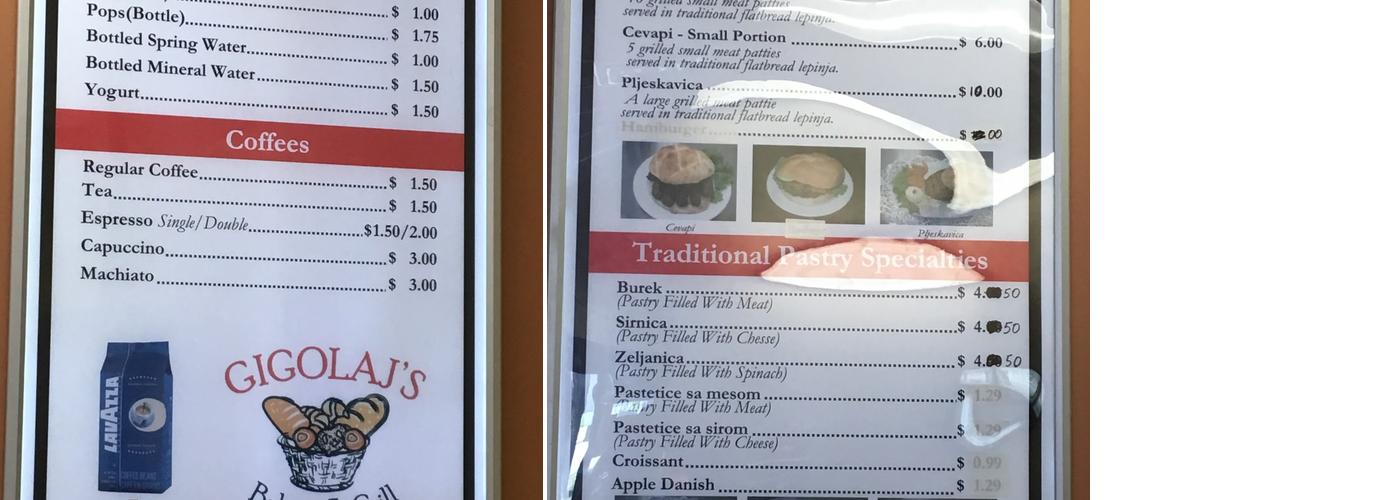 Gigolaj's Bakery & Grill Menu