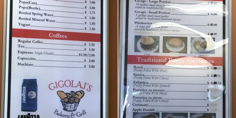 Gigolaj's Bakery & Grill Menu