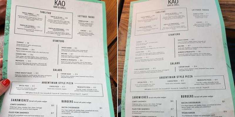 KAO Bar & Grill Menu