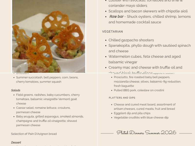 Cape Cod Private Dinners Menu