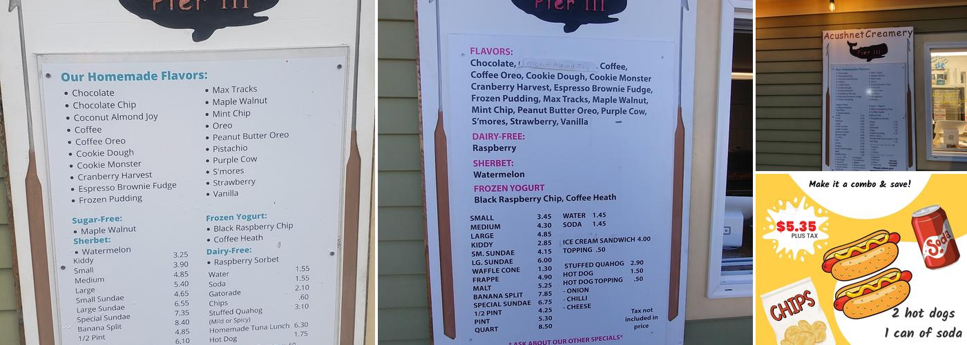 Acushnet Creamery at Pier 3 Menu