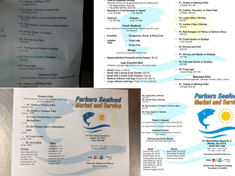 Parker Seafood Menu