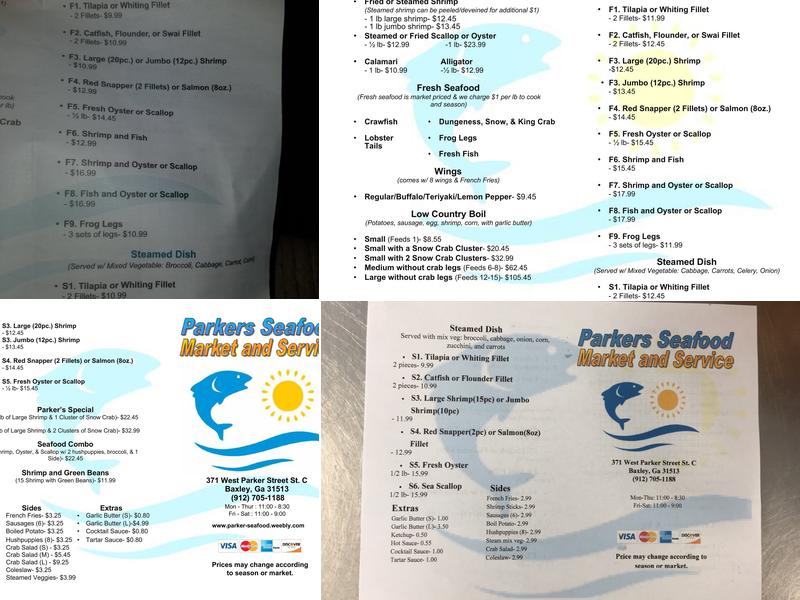 Parker Seafood Menu