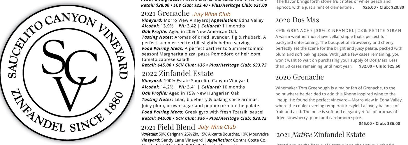 Saucelito Canyon Tasting Room Menu