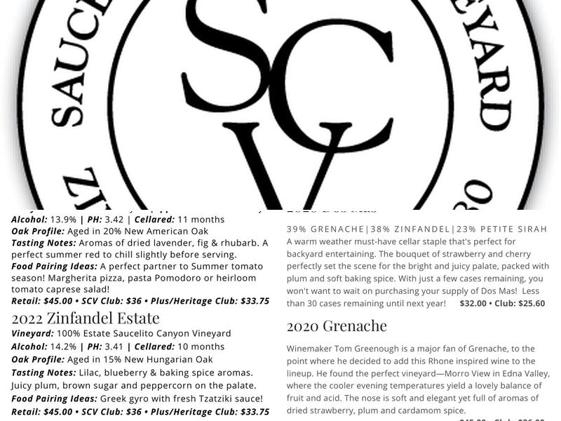 Saucelito Canyon Tasting Room Menu