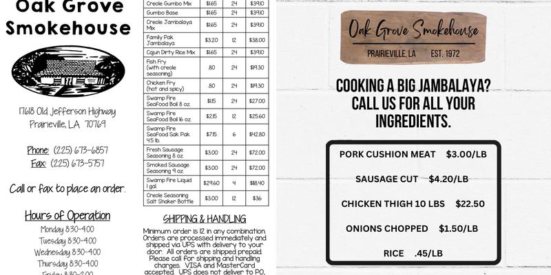 Oak Grove Smoke House Inc Menu