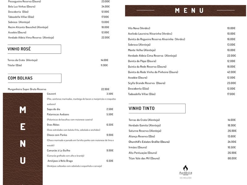 Audácia Food & Drinks - Penafiel Menu