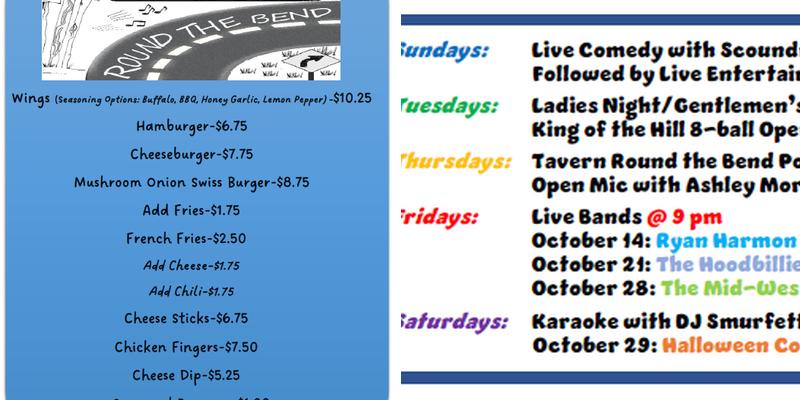 Tavern Round the Bend Menu