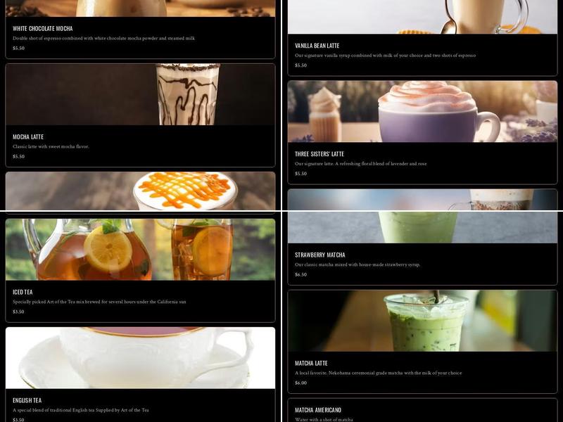 Three Sisters Coffee and Tea Menu