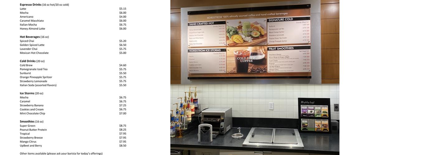 Nordstrom Ebar Artisan Coffee Menu