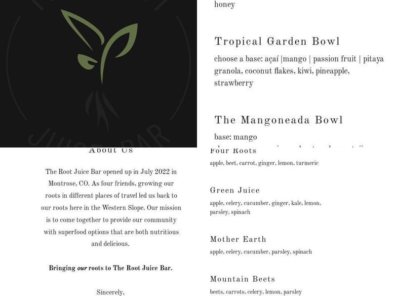 The Root Juice Bar Menu
