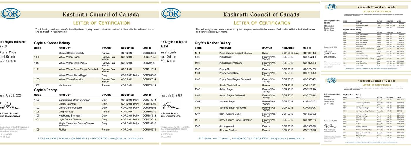 Gryfe's Bagel Bakery Ltd Menu