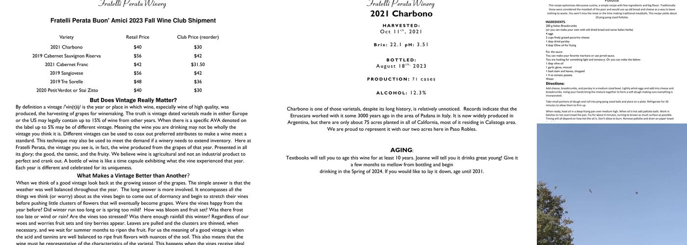 Fratelli Perata Winery Menu