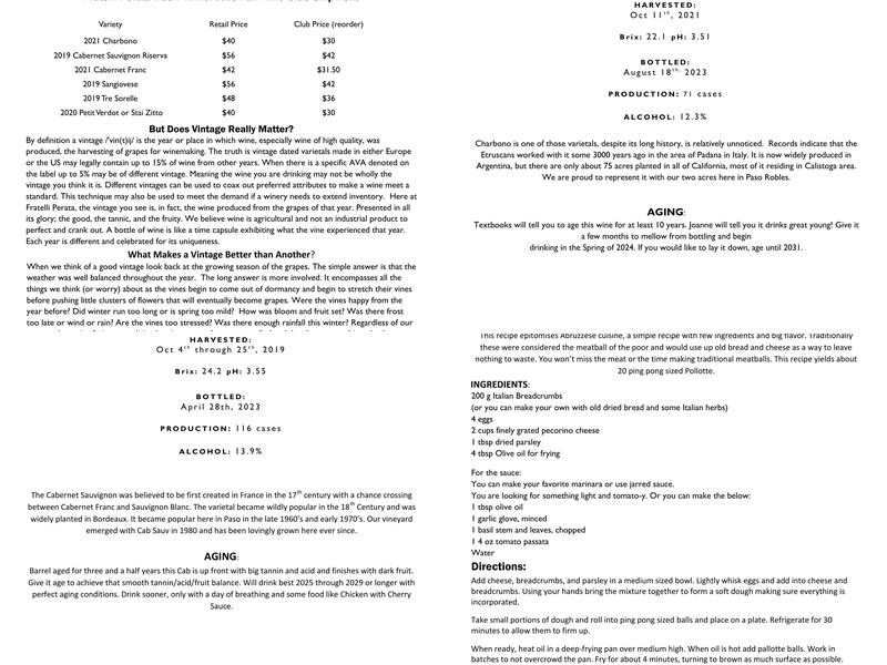 Fratelli Perata Winery Menu