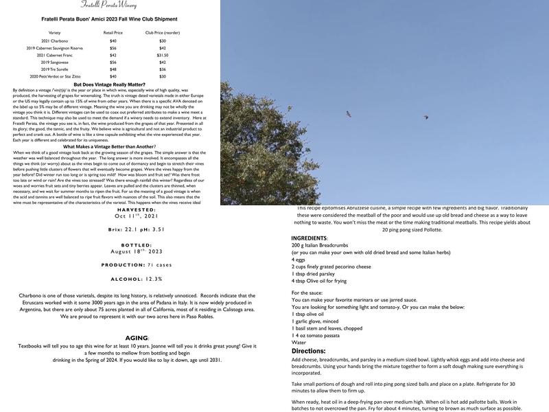 Fratelli Perata Winery Menu