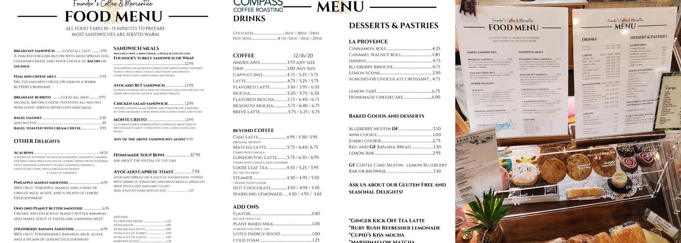 Founder’s Mercantile and Coffee Menu