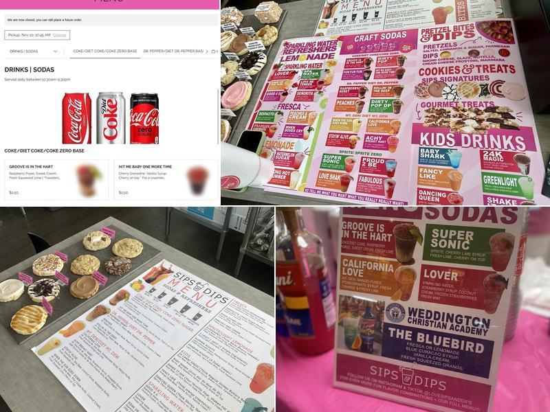 Sips & Dips: Sodas, Sweet Treats, Pretzel Bites & Dips Menu