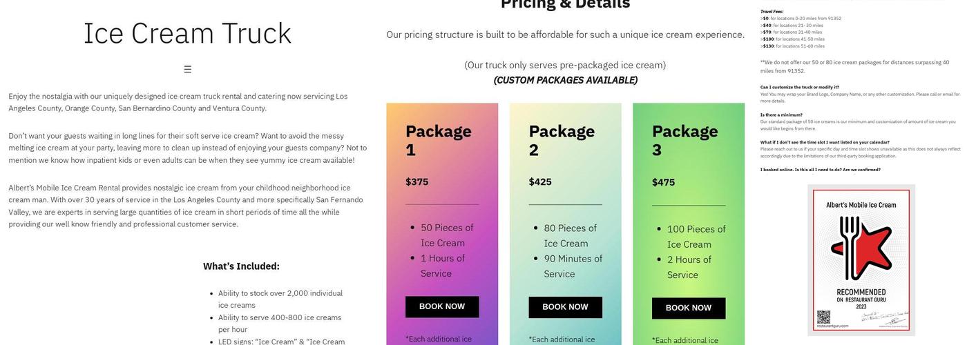 Albert's Mobile Ice Cream Truck Catering Menu