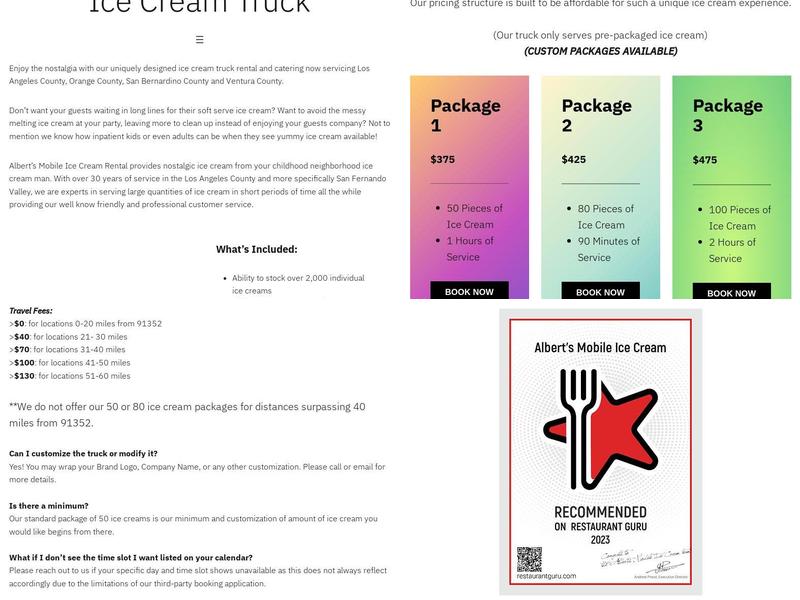 Albert's Mobile Ice Cream Truck Catering Menu