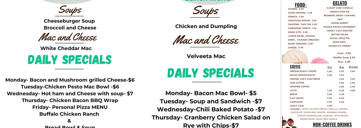 Lucky Cow Coffee and Gelato Menu