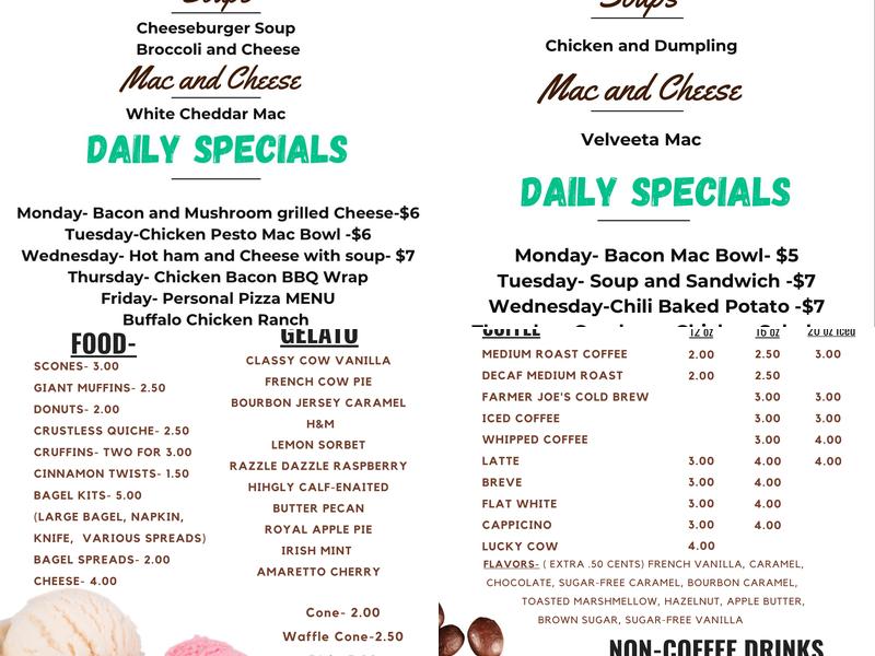 Lucky Cow Coffee and Gelato Menu
