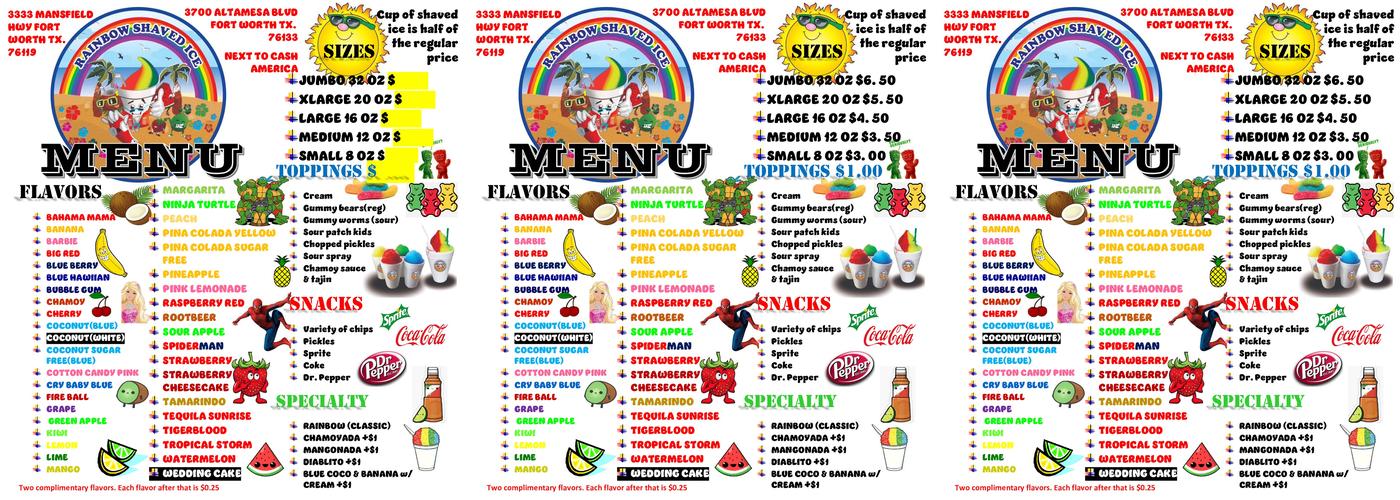 RAINBOW SHAVED ICE Menu
