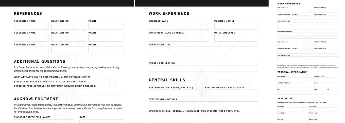 Los Alamos Depot Bar Menu