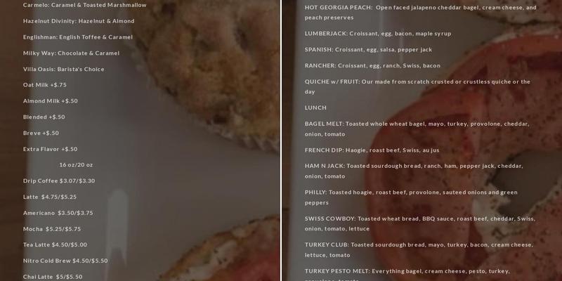 villa coffeehouse Menu