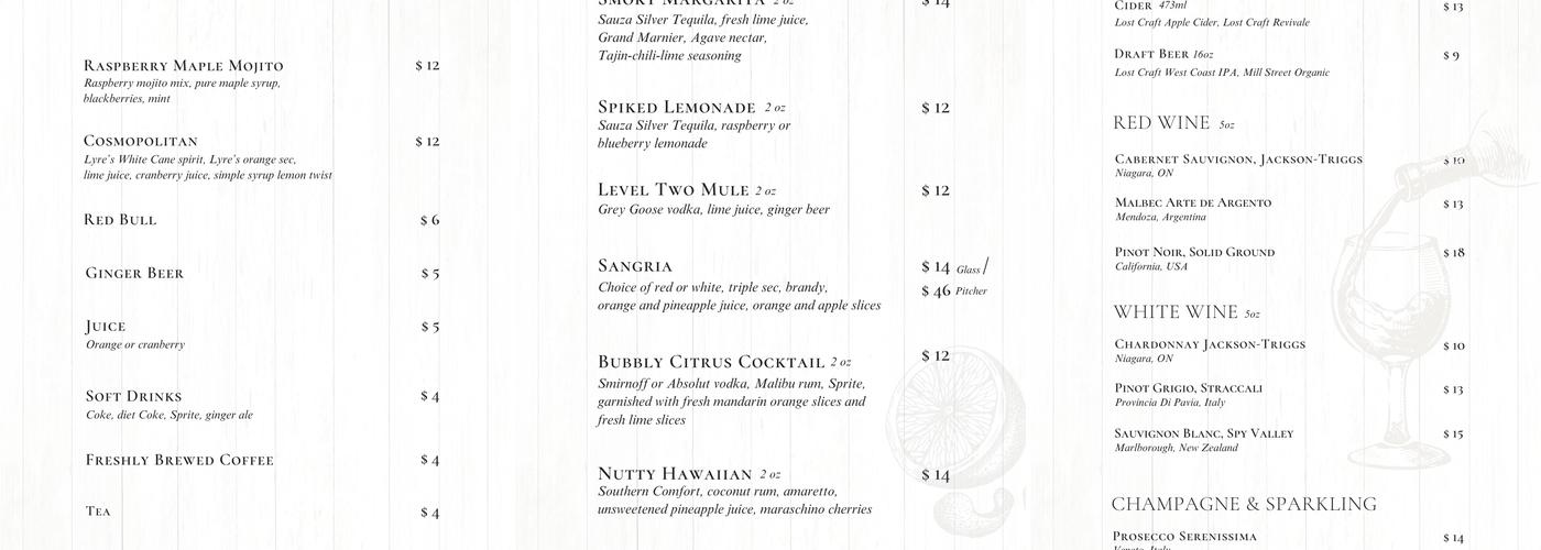 Level Two Restaurant | Pool Bar | Lounge Menu