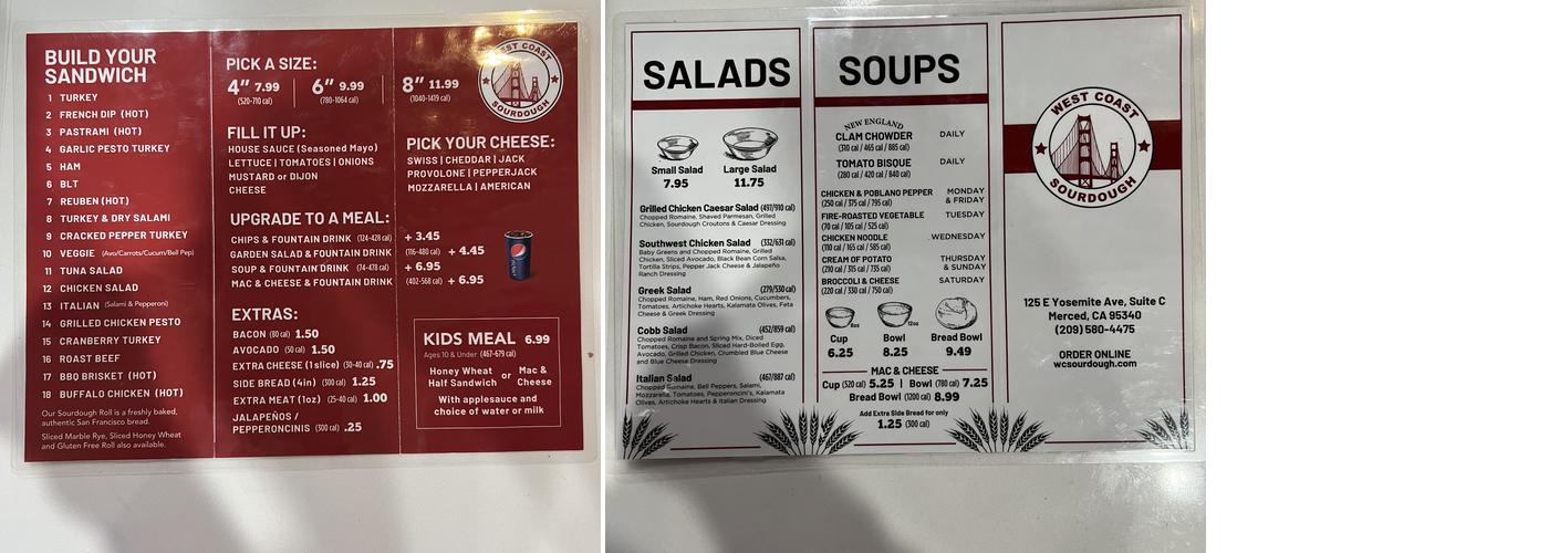 West Coast Sourdough - Merced Menu