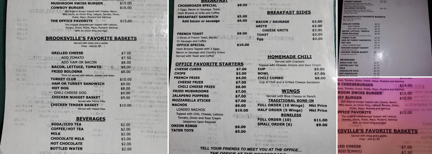 The Office at the Crossroads Menu