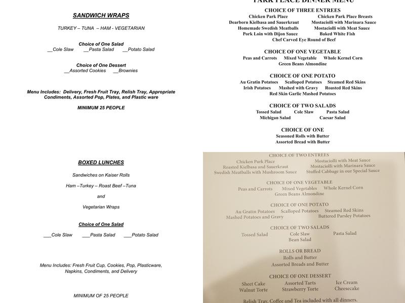 Park Place Caterers Menu