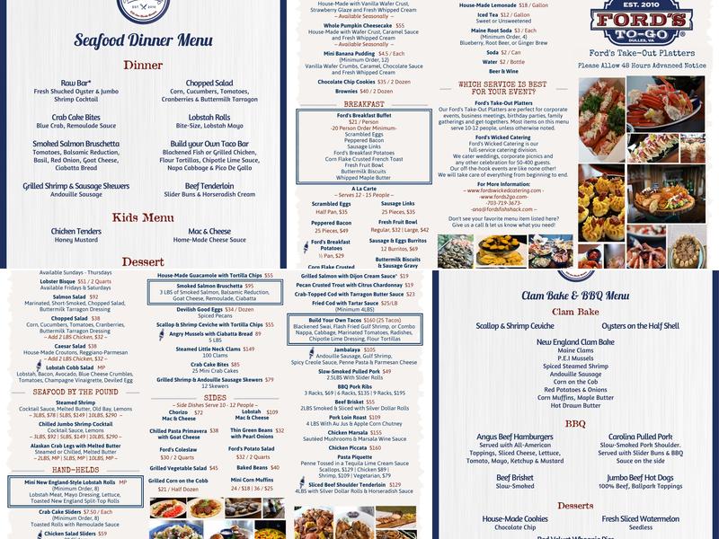 Ford's Wicked Catering Menu