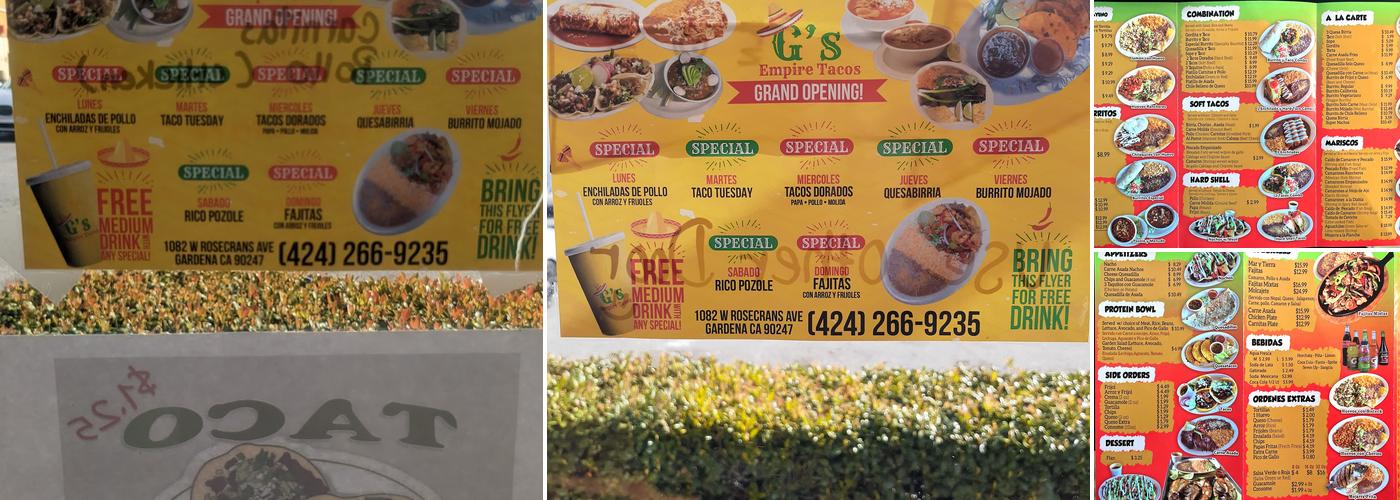 G’s Empire Tacos Menu