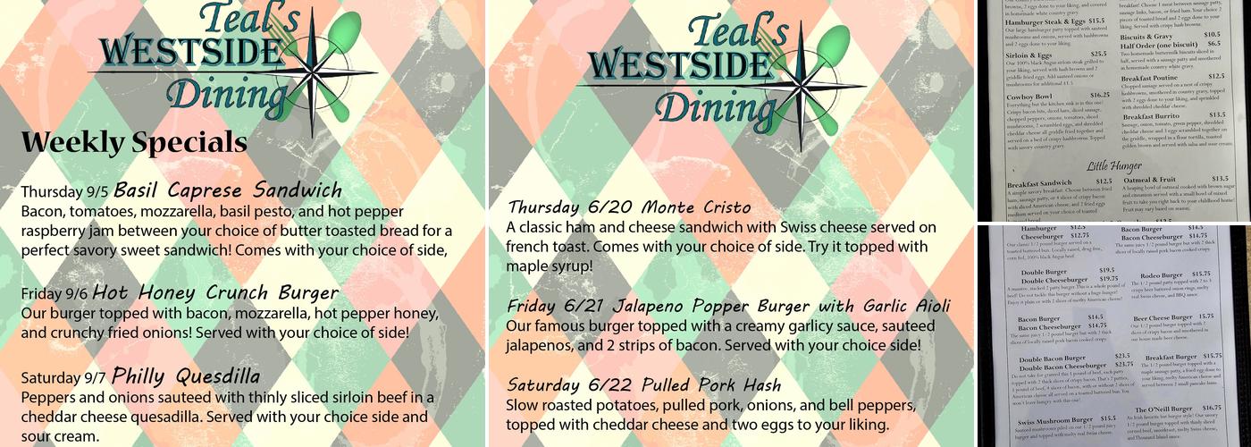 Teal’s Westside Dining Menu
