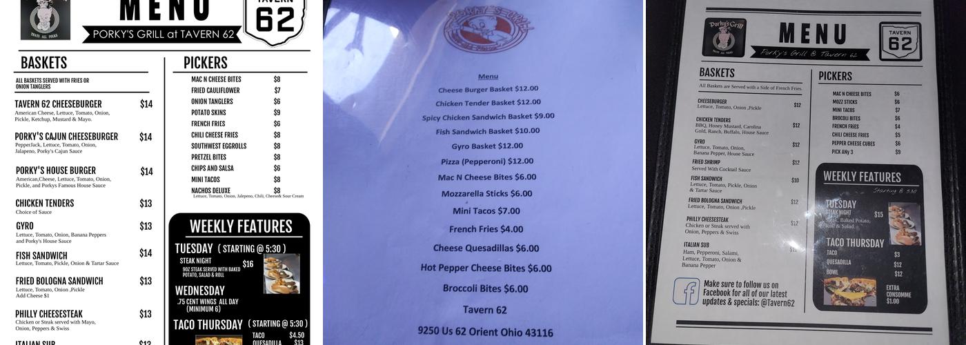 Tavern 62 Menu