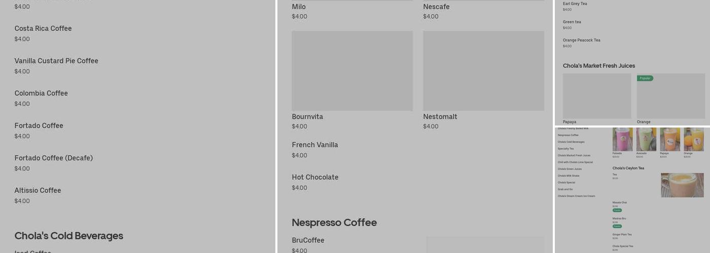 Chola Chai Cafe juicebar Menu