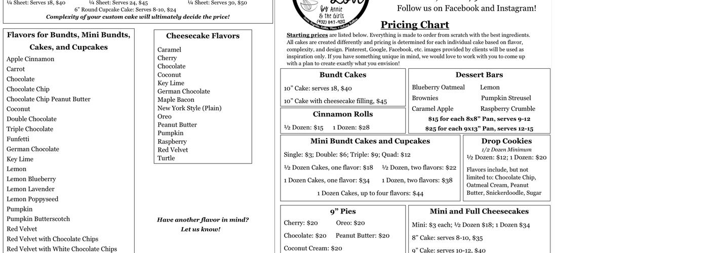 Baked with Love by Annie and the Girls Menu